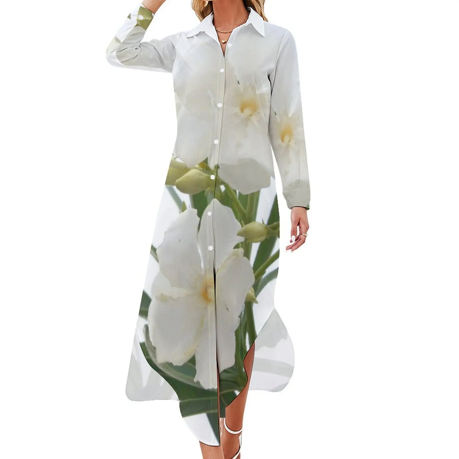 

White Oleander Flowers Close Up Isolated On White Background Long Sleeved Shirt Dress summer dress