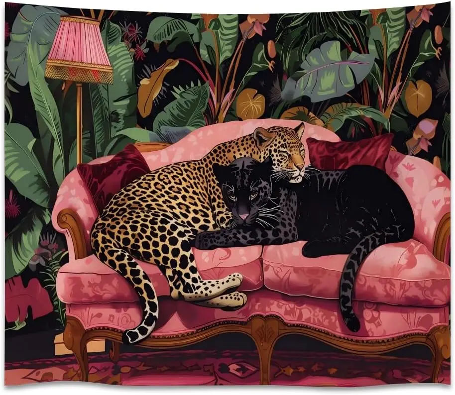 Eclectic Cheetah Tapestry Wall Hanging Snuggly Leopard Panther In a Vintage Couch Prints Tapestries Leopard Bedroom Dorm Living