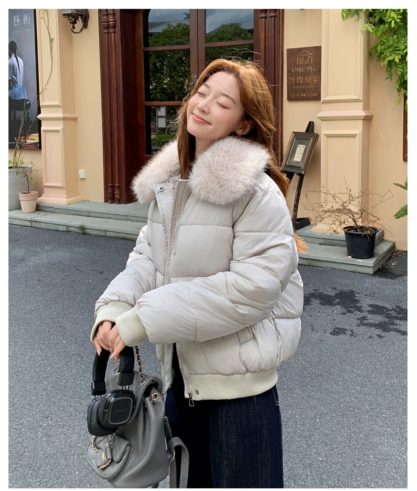 Korean Version Fashion Gray Long-sleeved Short Down Cotton Clothes Women's Winter New Removable Fur Collar Splicing Warm Jacket