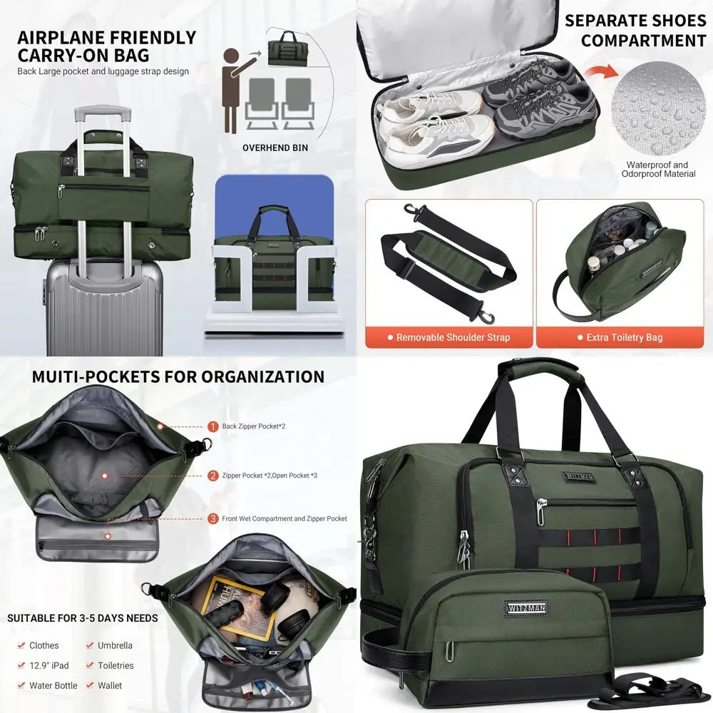 

55L Army Green Travel Duffle Bag for Men, Carry-On Overnight Bag with Toiletry Set