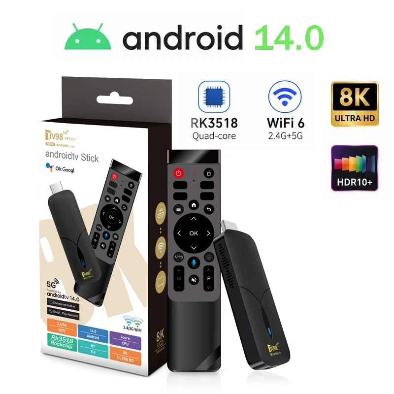 TV Stick Android 14.0 TV98 ATV X11 RK3518 HD 8K 4K Smart Dual WiFi 5G 4G BT5.0 Dispositivo di Streaming con Controllo Vocale Nuovo stick