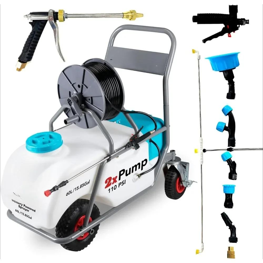 Spray, 15.85 Gallon Battery Powered, Equipped with Dual Professional Pump, with Adjustable HD Wand and Nozzle, Spray with Wheels