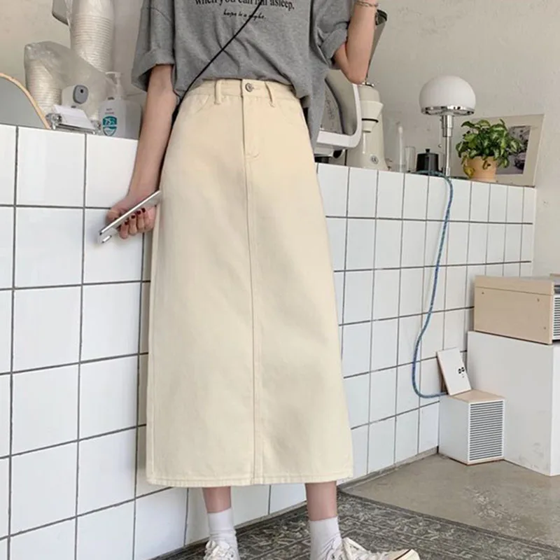 Beige Fashion Denim Skirt Women Korean Style High Waist Slim Fit Long Skirt Woman 2023 Spring Summer Vintage Split A-Line Skirt