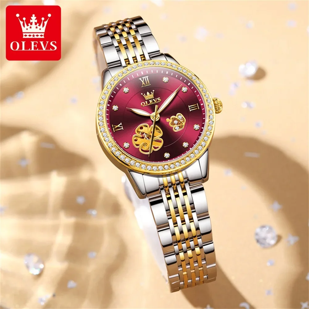 OLEVS Diamond Hollow Automatic Watch Women Luxury Fashion Stainless Steel Waterproof Mechanical Wristwatch Relógio Feminino