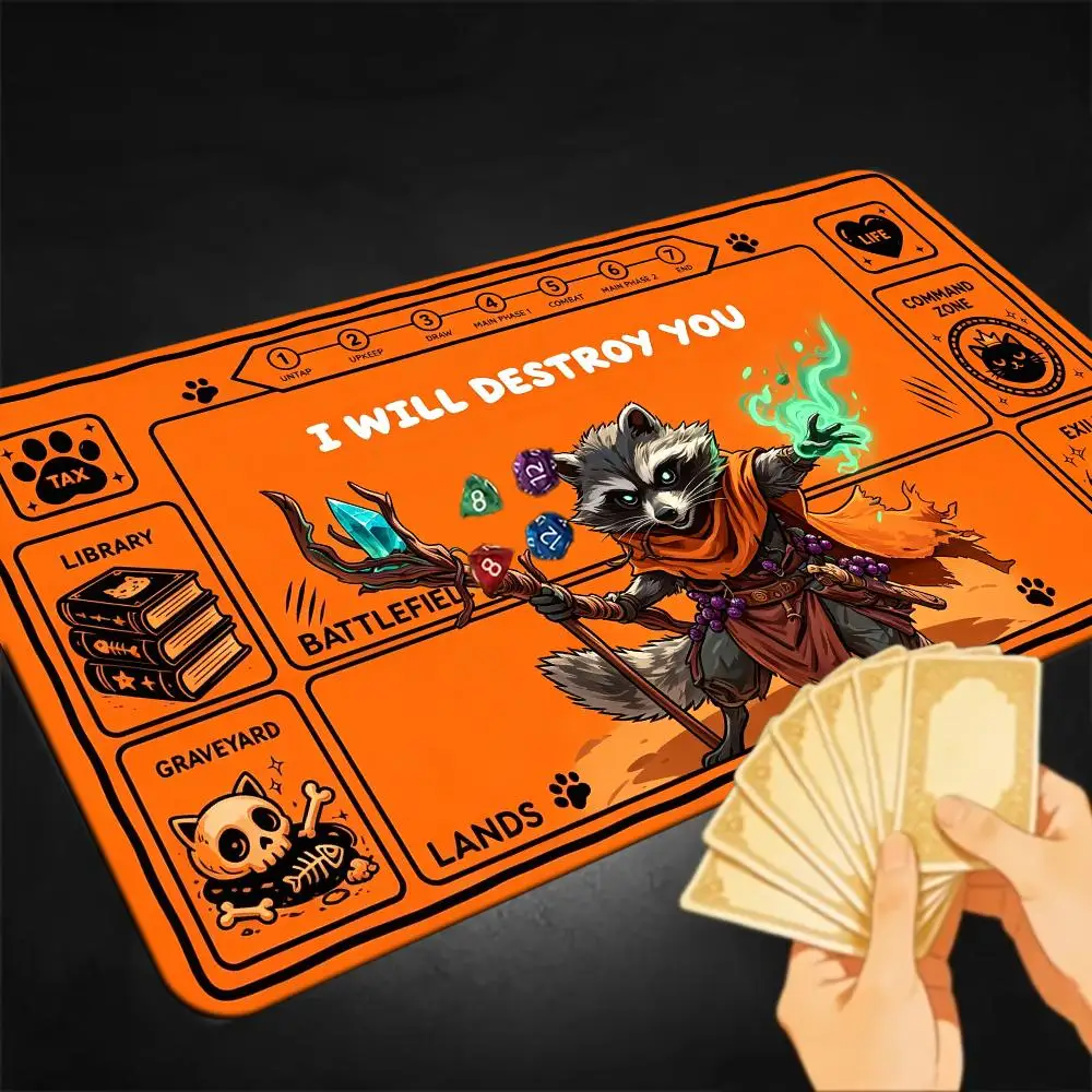 Raccoon Wizard TCG Playmat With Printed Game Zones Non Slip Rubber Card Game Mat For MTG CCG Tabletop Trading Card Gaming