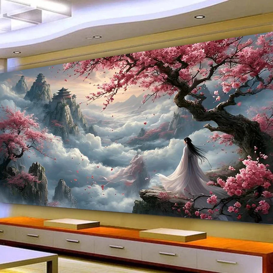 

Moon Mountain Temple Cloud Diy Diamond Art Painting Kits New Collection Pink Tree Landscape Large Size Mosaic Embroidery Picture