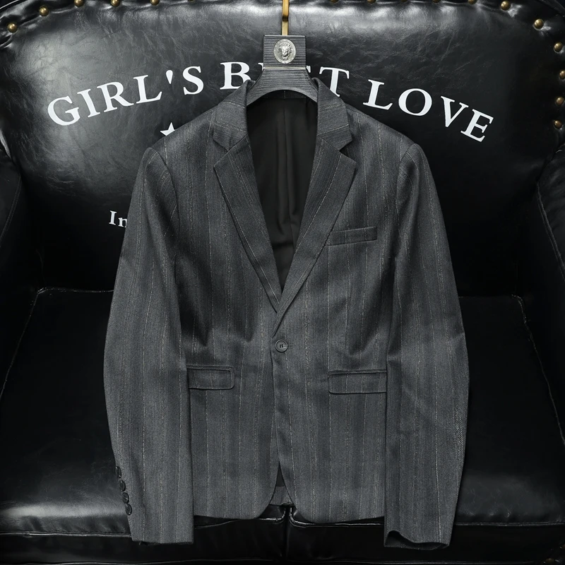 Single Button Exquisite Blazers For Men Striped Classic All Match Four Seasons Quality Wool Blends Suit Slim Fit Terno Masculino