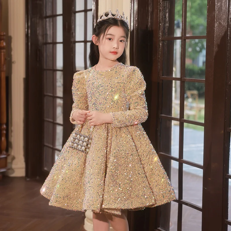 Girls' Spring/Autumn and Winter Birthday Party Sequined Western Style Host Evening Dress Catwalk Piano Performance Princess