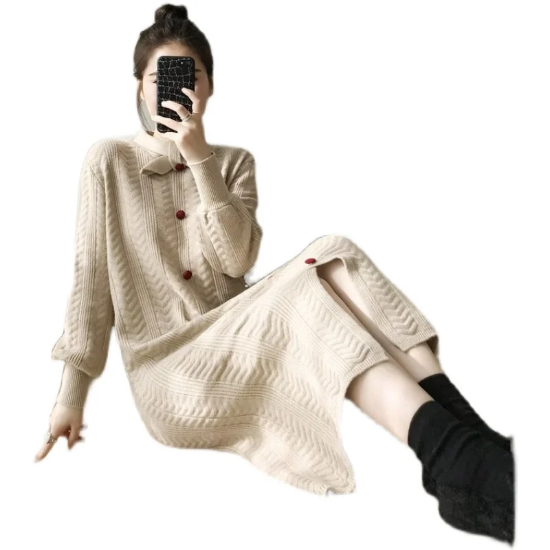 Outono inverno nova malha único breasted vestido de lã sobre o joelho feminino solto vestido de comprimento médio com casaco inferior