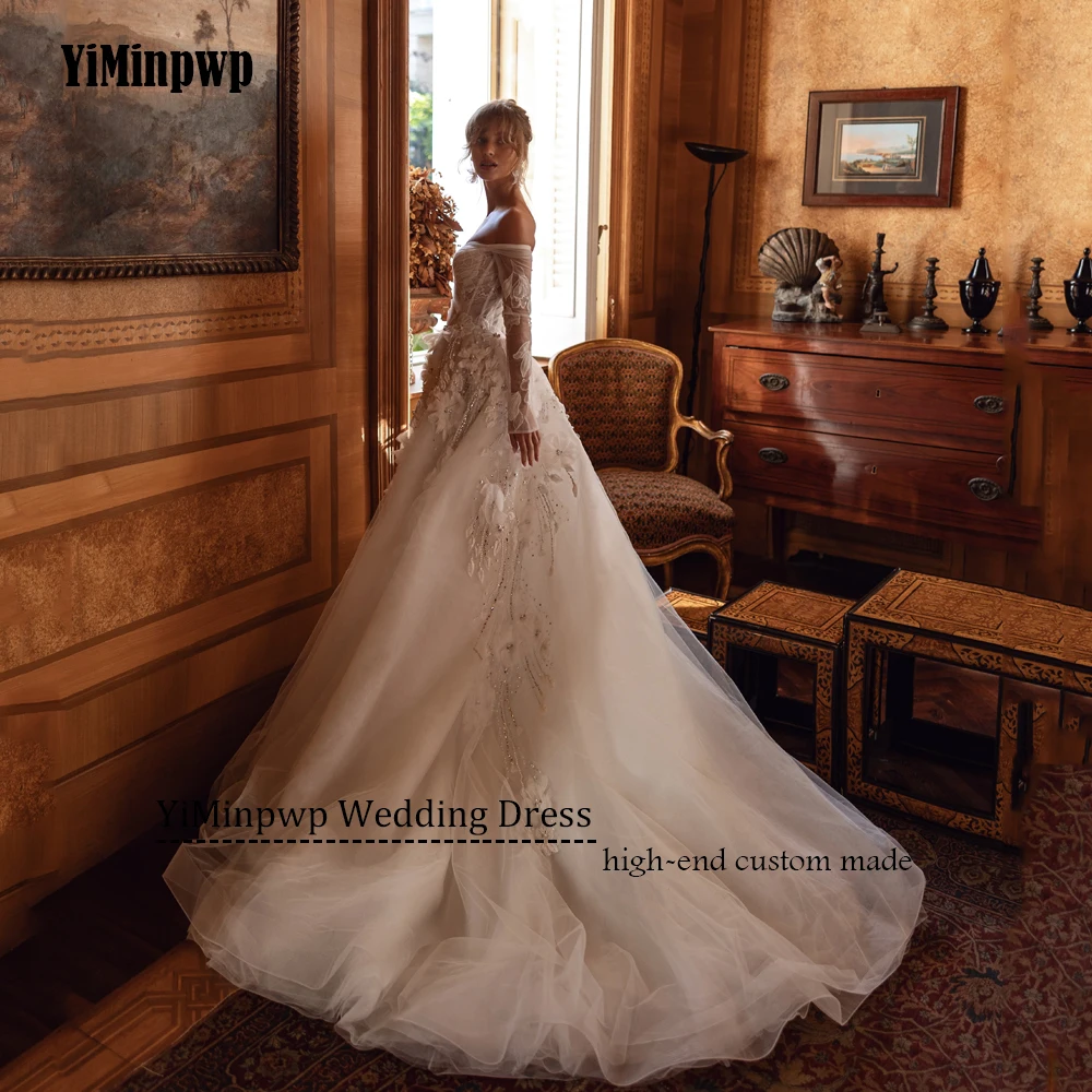 Vestido de novia de lujo con flores brillantes en 3D, vestidos de novia de playa con espalda descubierta y cuentas de manga larga para mujer, apliques de encaje, corte en A personalizado