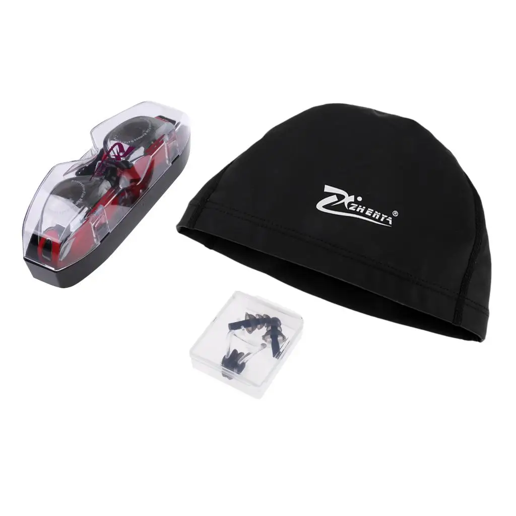 Swimming Goggles + Storage Case + Swimming Cap Hat + Clip + 2pcs Ear Plugs