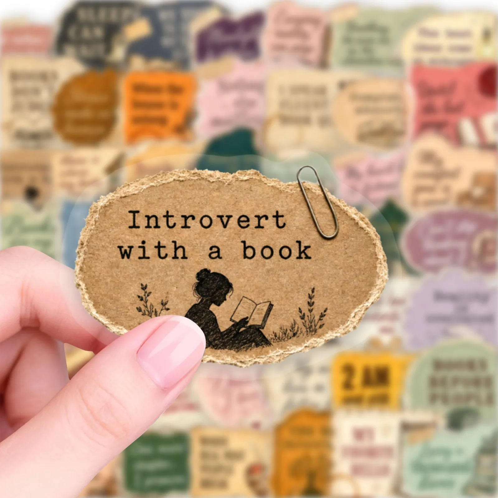 50 PCS Torn Style Retro Reading English Stickers Transparent PET Book Lover Literary Quote Hand Account Collage Waterproof Decal