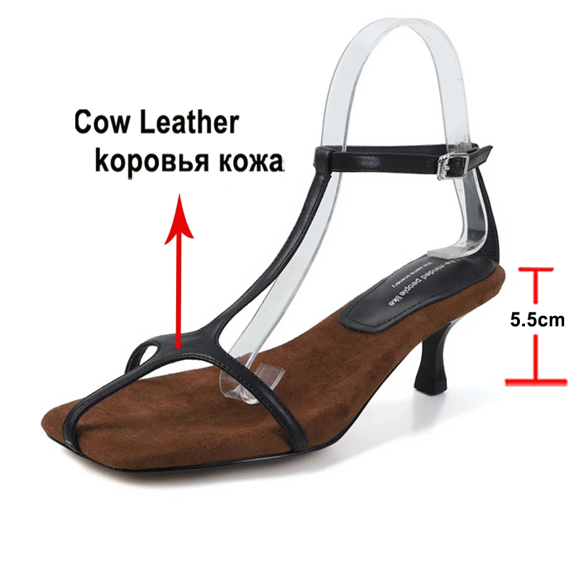 Meotina Women Genuine Leather Ankle Strap Gladiator Sandals Square Toe Thin High Heels Buckle T-Tied Ladies Fashion Shoes Summer