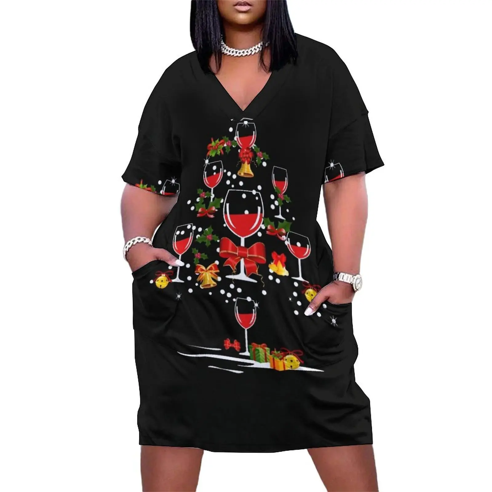 

Mulled Red Wine Funny Christmas Tree Loose Pocket Dress long dresses for women women"s fashion dresses Women"s dress