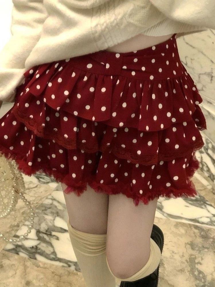 

Тонкая милая юбка в горошек с высокой талией для девочек, кавайный кружевной галстук-бабочка, красные рождественские многослойные юбки, новые повседневные наряды в консервативном стиле