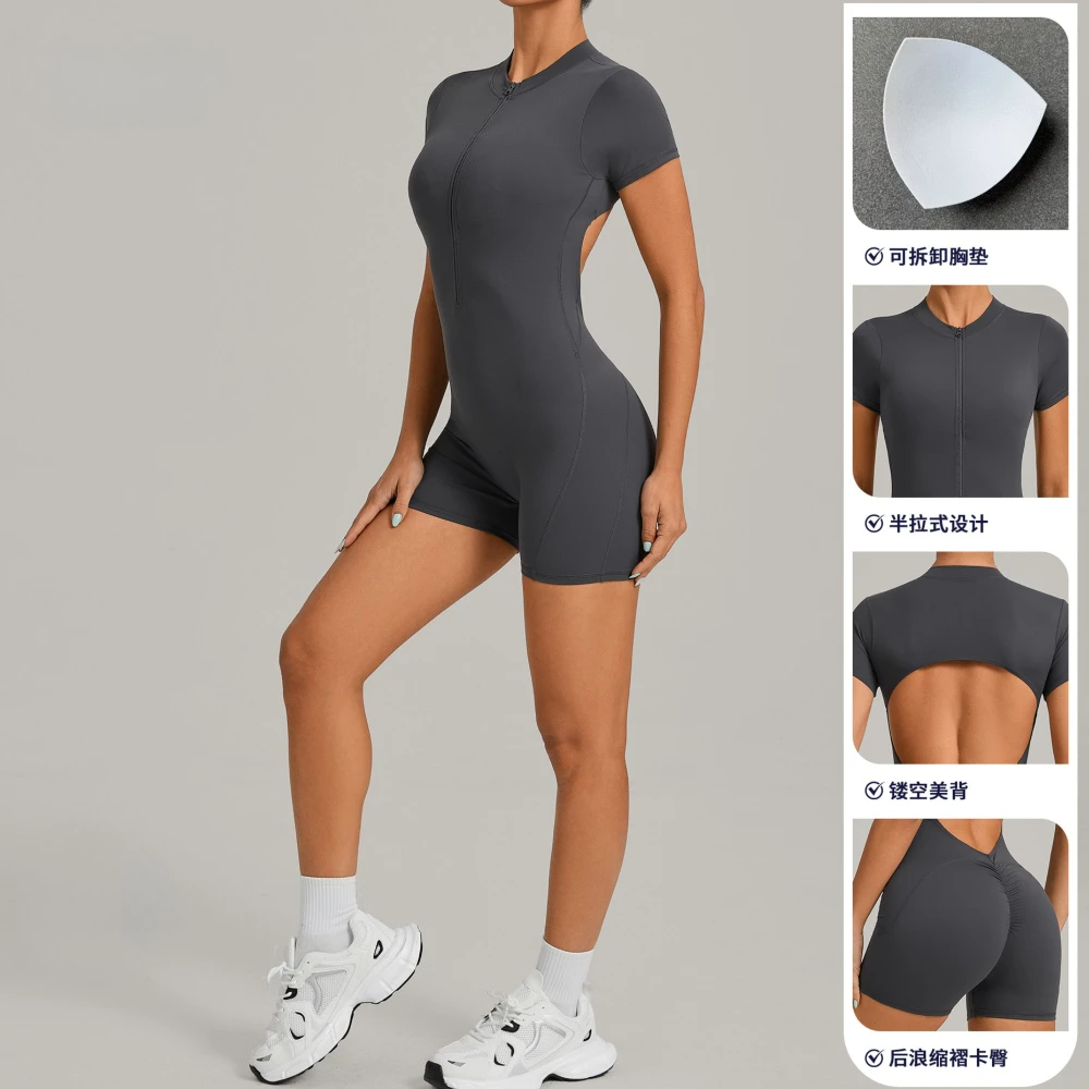 Women's Seamless Yoga Jumpsuits Fitness Sports Gym Hip-Lifting Beauty Back Short-Sleeved One-Piece Workout Training Bodysuits