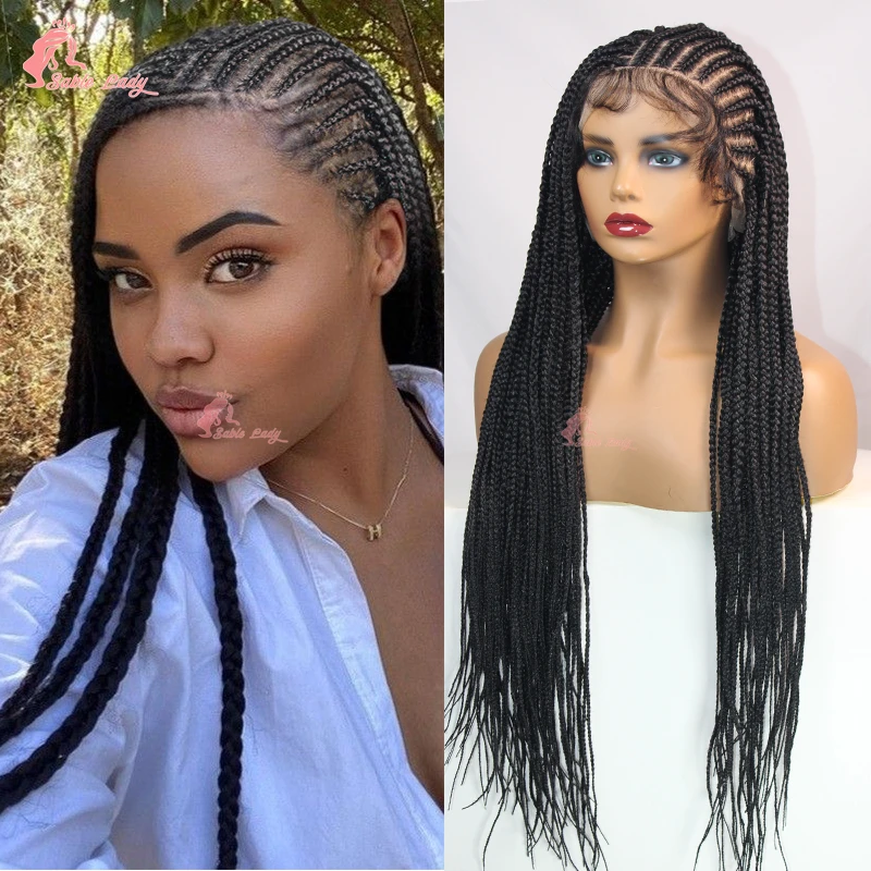 Long 36“ Synthetic Full Lace Wigs Tribal Box Braided Wigs Lace Front Wig Knotless Braid Wig Black Women Cornrow Box Braided Wigs