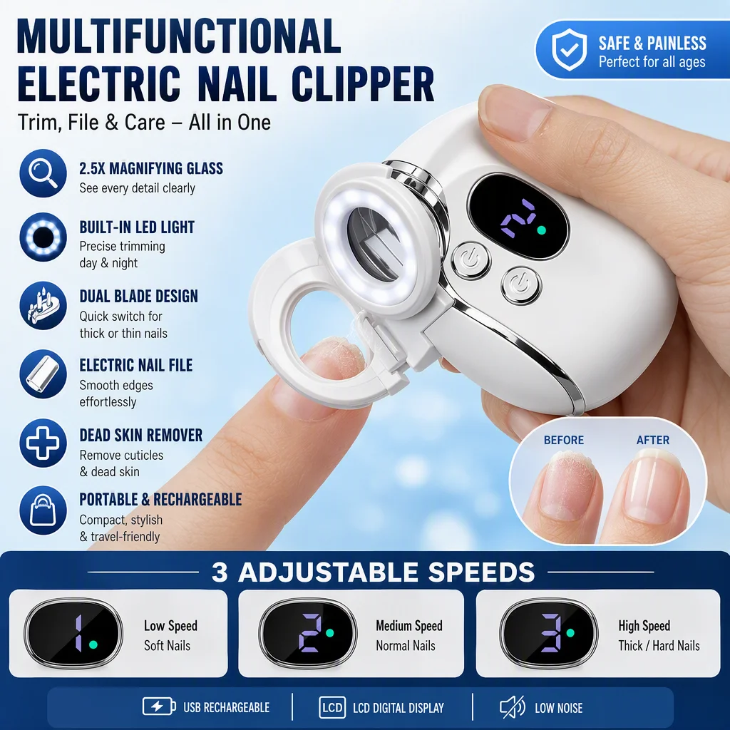 2-in-1 Electric Nail Clipper with Magnifier LED Light Automatic Nail Trimmer Scissors Dual-Blade Opening 3 Speeds Rechargeable