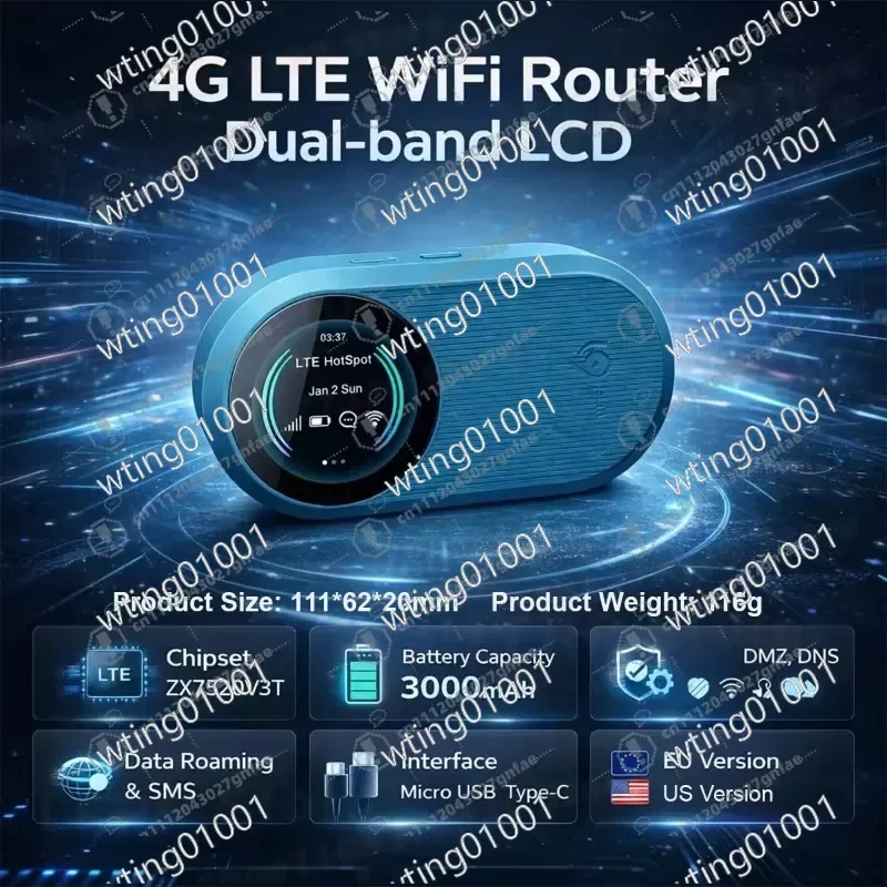 for WiFi 6 4G LTE Modem Portable Wireless Router 3000mAh Battery Type-C 300Mbps Pocket Travel Device with LCD Display