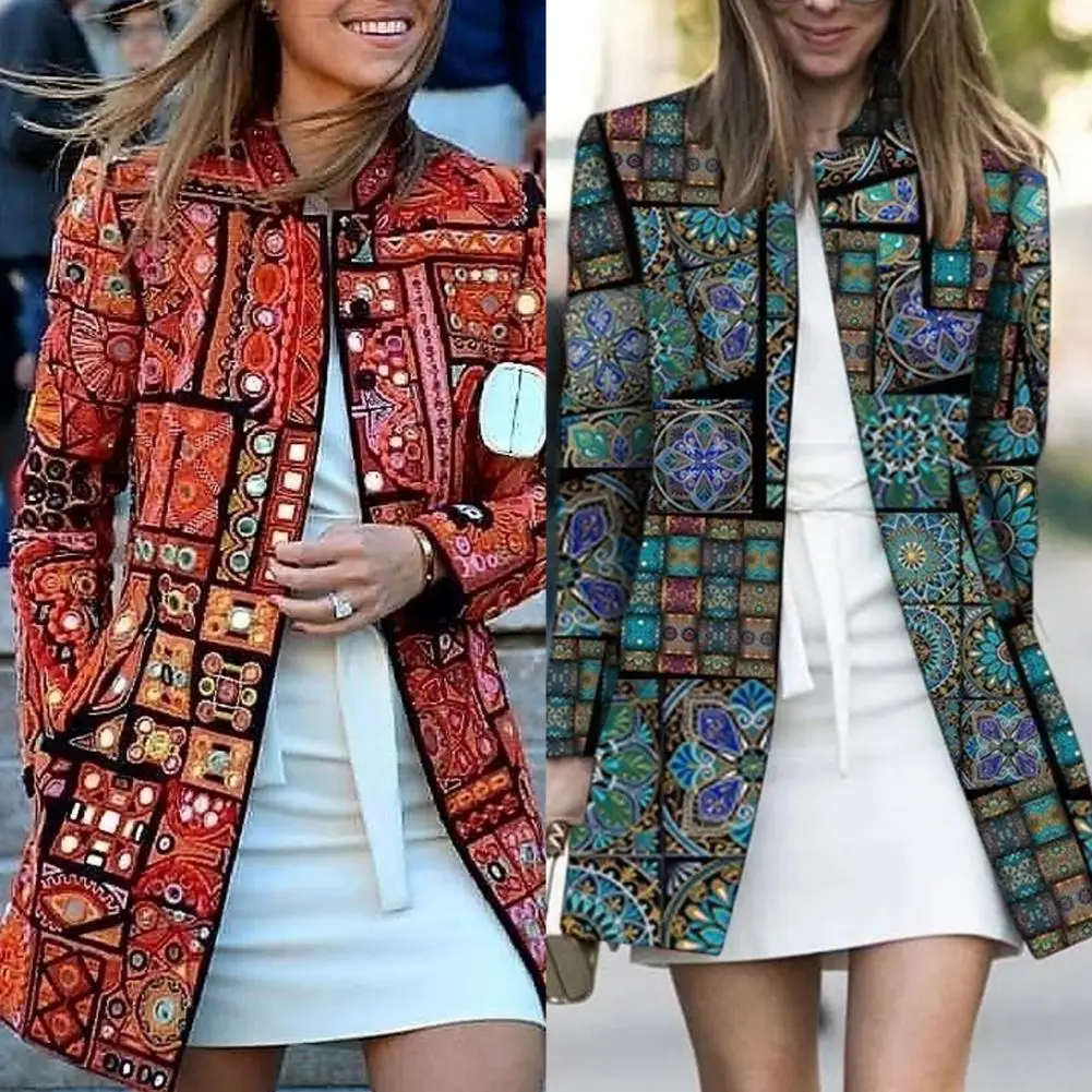 Classic  Autumn Coat Thick Spring Autumn Ethnic Style Pattern Cardigan Coat Open Stitch Windproof Retro Cardigan Workwear