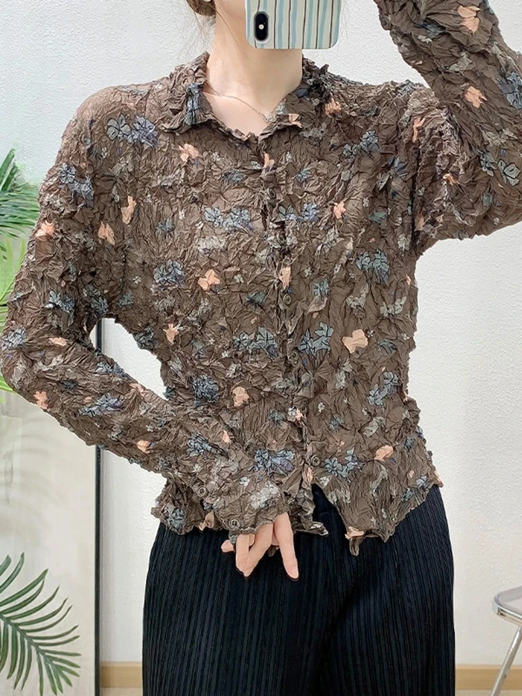 

Miyake 2025 Summer Handmade Pleated Print Design Women's Shirt Single-breasted Slim Casual Fashion Design Sense of The Top New