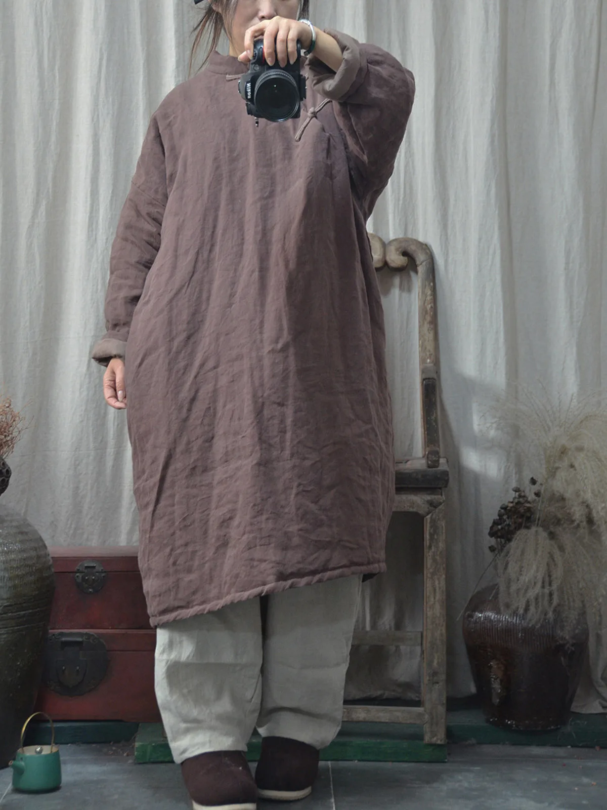 Donna Autunno Inverno Qualità Ramie Sottile Trapuntato Morbido Cappotto Imbottito Pullover Retro Casual Allentato Medio Lungo Stile Qipao Veste Outwear