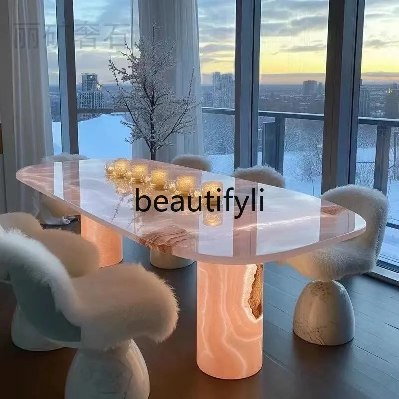 Natural jade dining table light luxury simple marble sapphire white jade round dining table