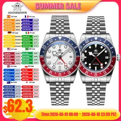 ADDIESDIVE NEW Quartz Luxury Watches 20Bar Waterproof BGW9 Super Luminous 316L Stainless Steel GMT Watch Men's Watch