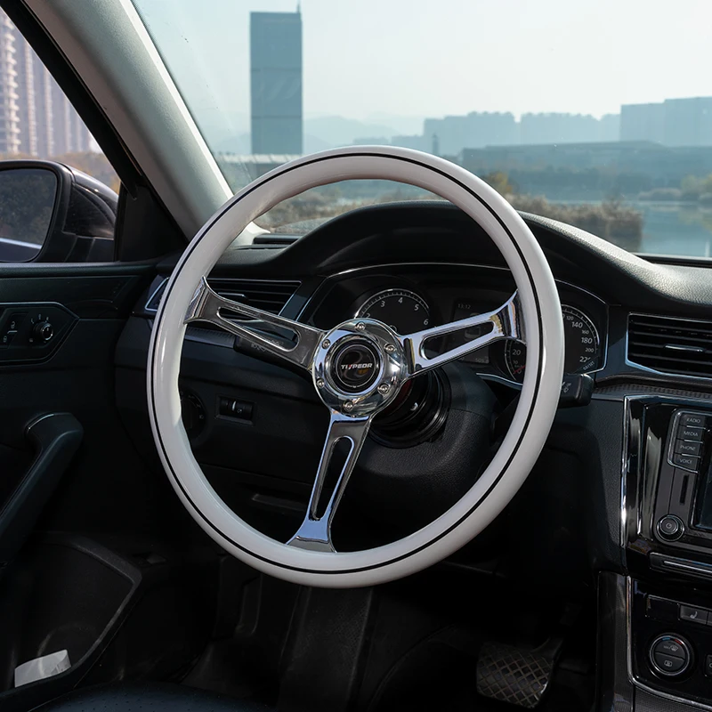 Real Wood High-quality Classic Steering Wheel 14inch 350mm Deep Wheel Vintage Chrome Spoke Universal White Wood Steering Wheel