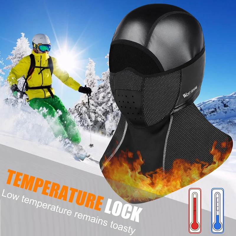 WEST BIKING Cycling Fleece Thermal Windproof Balaclava Warm Winter Waterproof PU Leather Ski Breathable Mask Bicycle Helmet Cap