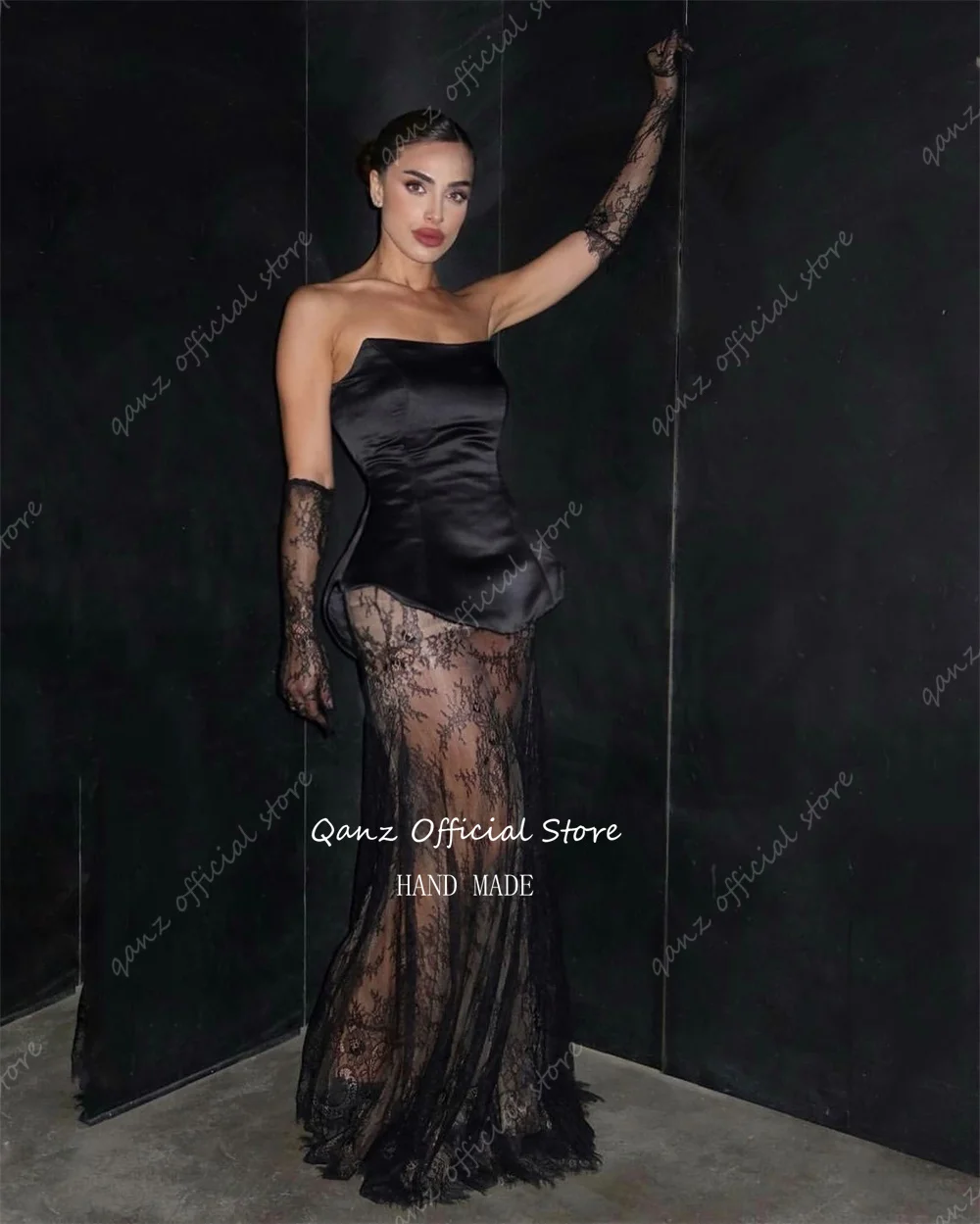 Qanz Elegant Lace Appliques Eveneing Dresses Illusion See Through Black Dress women Elegant Party Vestidos De Diesta Customized