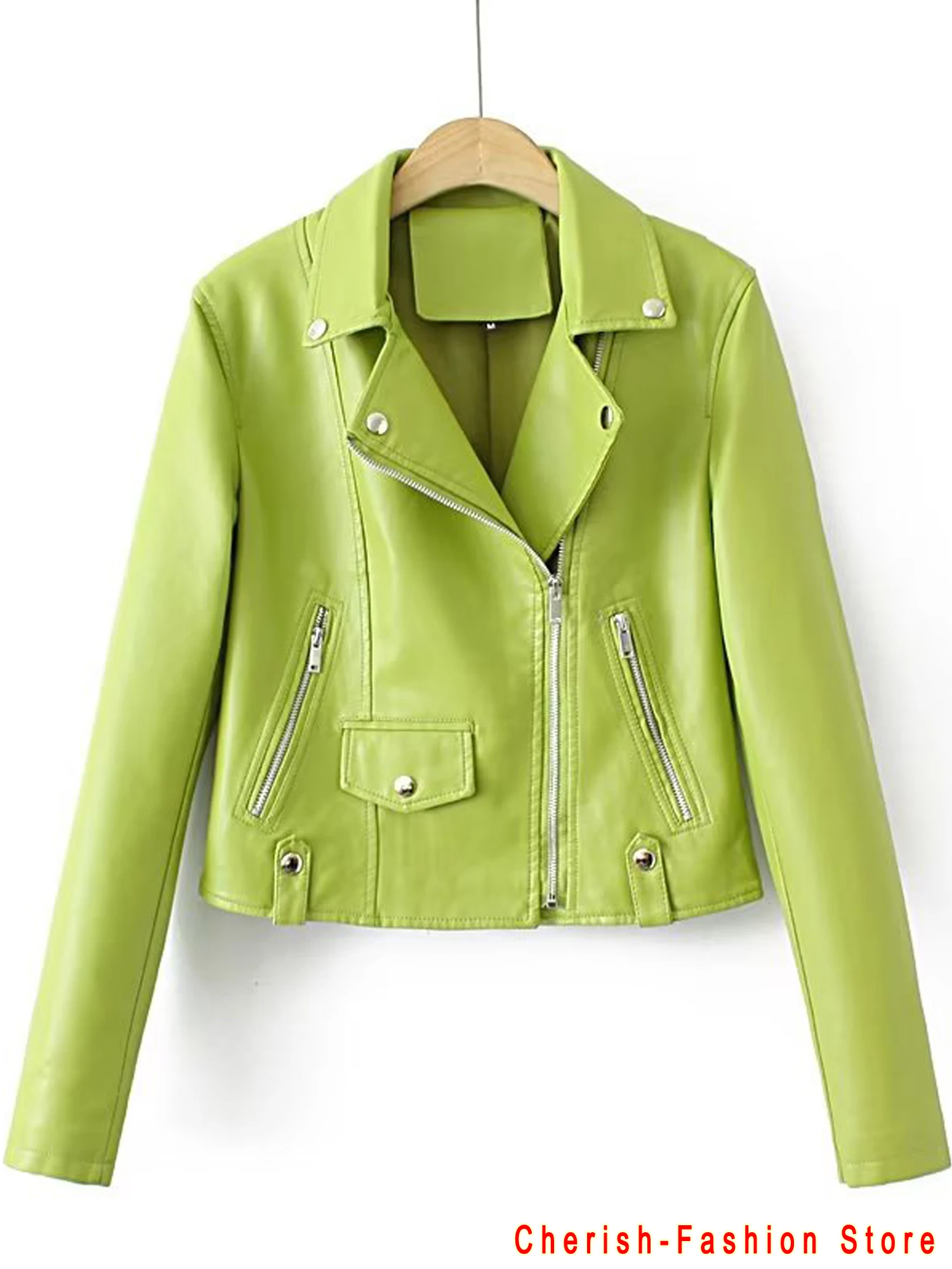 New Spring Autumn Women Pu Faux Leather Short Jacket with Belt Streetwear Female Zipper Moto Biker Green Coat Outwear