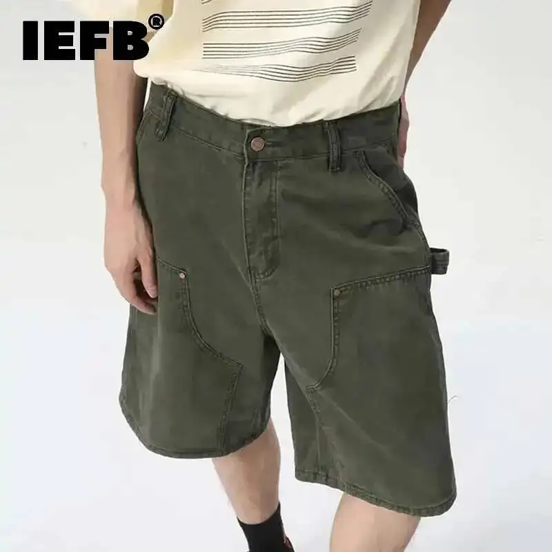 IEFB Men's Wear Knee Length Denim Shorts Summer New Multi Pocket Loose Jeans Solid Color Japanese Style Male Overalls 9C6027
