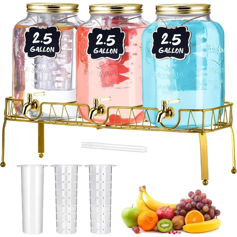 

3 pcs 2.5 gallon beverage dispensers for parties glass drink water dispenser with stand stainless steel leakproof spigot ice cy