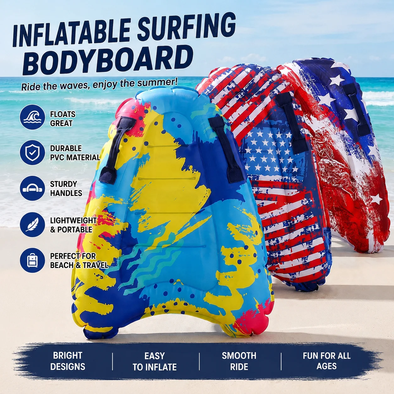 1pc Inflatable Bodyboard Surf Float with Handles, Lightweight PVC Wave Riding Board for Beach Pool Lake Summer Water Sports