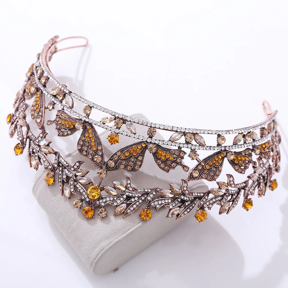 Baroque Vintage Bronze Crystal Butterfly Bridal Crown Tiara Rhinestone Diadem Tiaras for Women Headband Wedding Hair Accessories