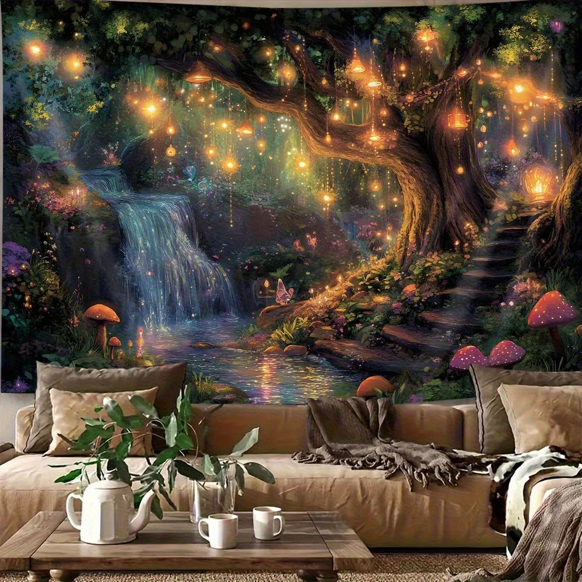 1Pc Mushroom Forest Tapestry Magical Waterfall Glowing Orbs Velvet Wall Hanging Boho Home Decor For Bedroom Living Room Dorm