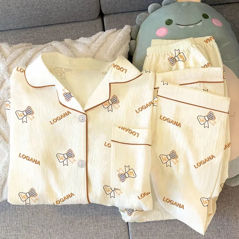 New Lady Pajama 2/pce Set Women Spring Autumn Sweet Wrinkled Fabric Pajamas Girls Letters Bowknot Long Sleeves Pants Loungewear