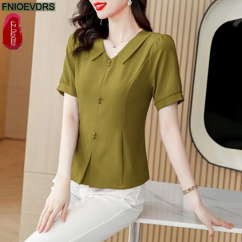 M-5XL 2024 Summer Cute Peplum Tops Women Basic Wear Office Lady Work Pink Green Red Elegant Button Shirts Blouses