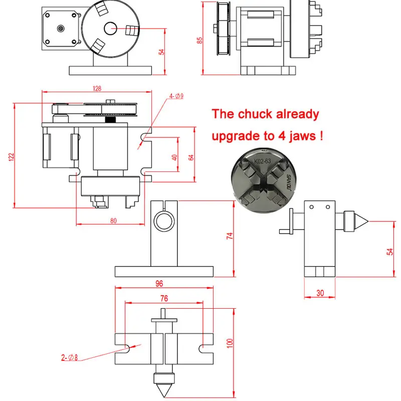 Oś obrotowa CNC 4th osi konika MT2 65MM centrum wysokość 54mm 4 uchwyt szczękowy NEMA 17 silnika prędkości redukcji 4:1 dla CNC Router