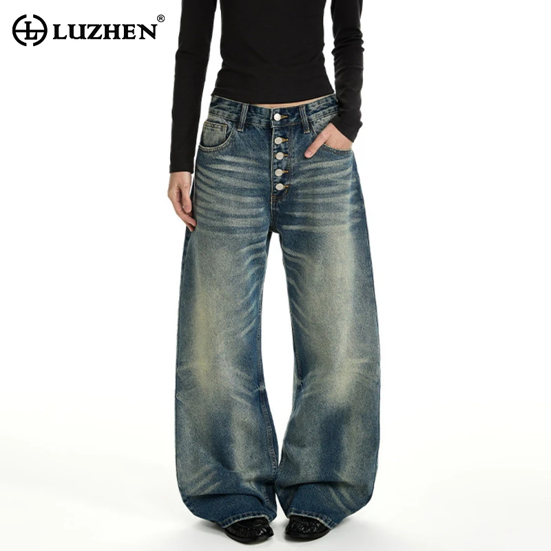 

LUZHEN 2026 New Stylish Gradient Washed Vintage Style Loose Straight Jeans Men's Fashion Handsome Buttoned Denim Pants JY6099