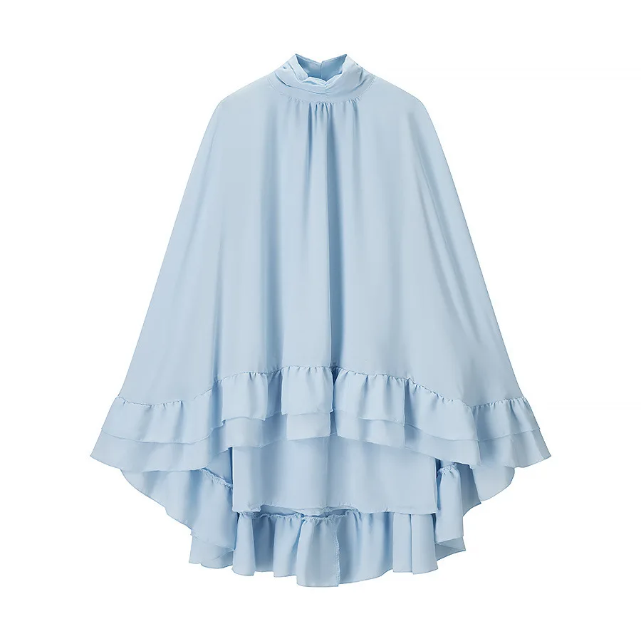 2025 ผู้หญิงใหม่ผู้หญิง Ruffle ชุดมินิชีฟองหลวมคอทรัมเป็ตแขนชุดสีฟ้า 2025 ฤดูร้อนผู้หญิงชุดวันหยุด