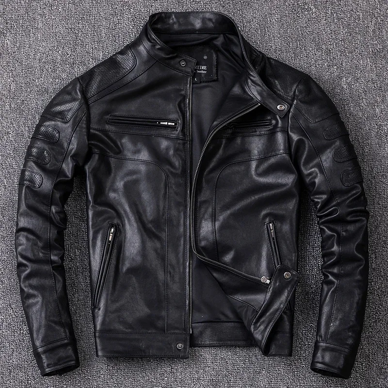 Men's Vegetable Tanned Sheepskin Leather Jacket Motorcycle Biker Jackets Slim Short Stand Collar Genuine Clothes Coat