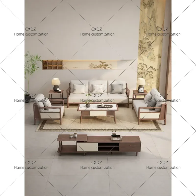 New Chinese Style Solid Walnut Wood Sofa Elegant Song Aesthetics Modern Minimalist High End Living Room Furniture Set