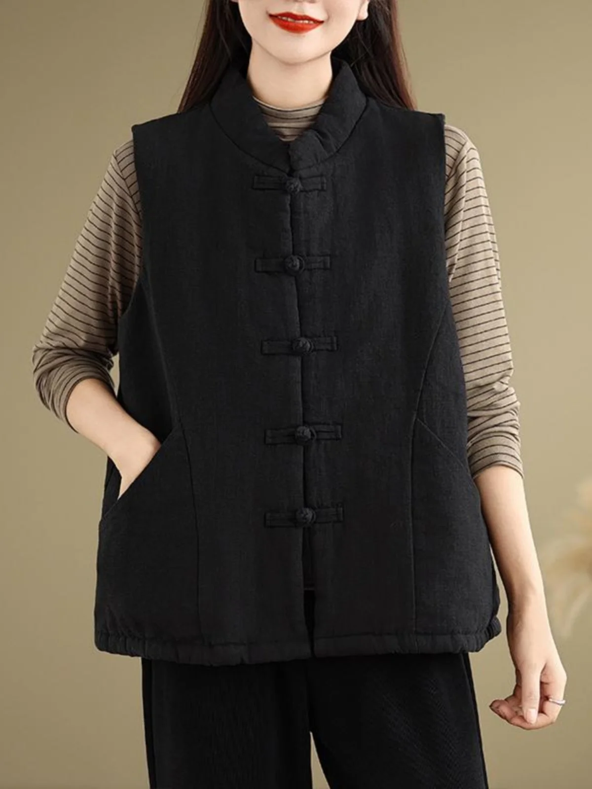 

Women's Winter Chinese Sle Button down Cotton down Jaet Vest Loose Filling oulder Pad Top Casual Commute Regular Fit