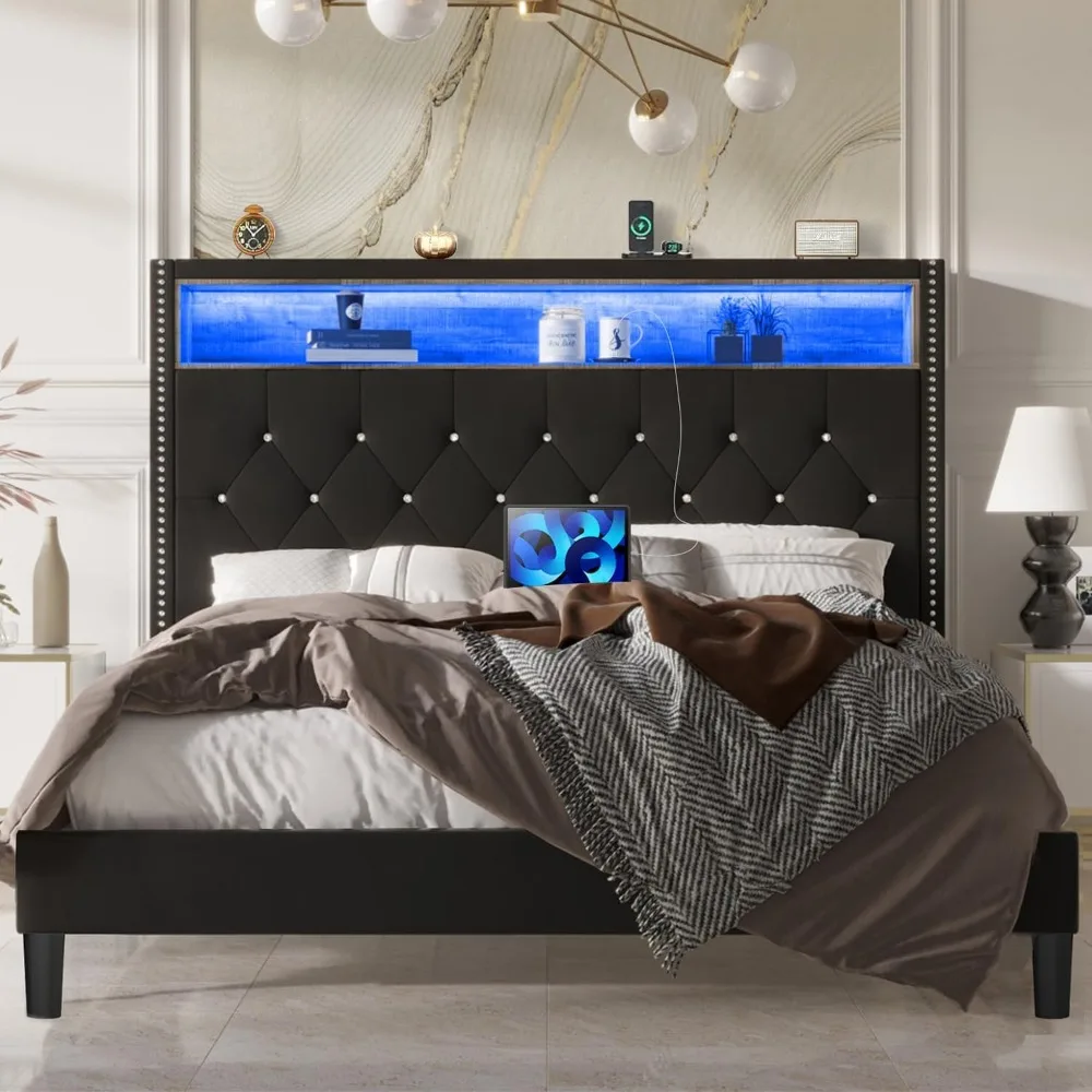 

Queen Bed Frame with Led Lights, Charging Station & Storage Shelf Headboard, Diamond Tufted, Black Velvet Upholstered Bed Frame