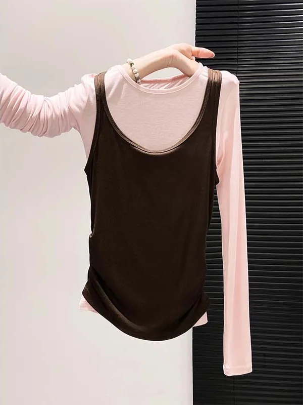 Conjunto de Camiseta de Manga Larga Color Blo para Mujer, Estilo Coreano, Informal, Sencillo, con Cintura Plegada, Estiliza la Figura, para Otoño