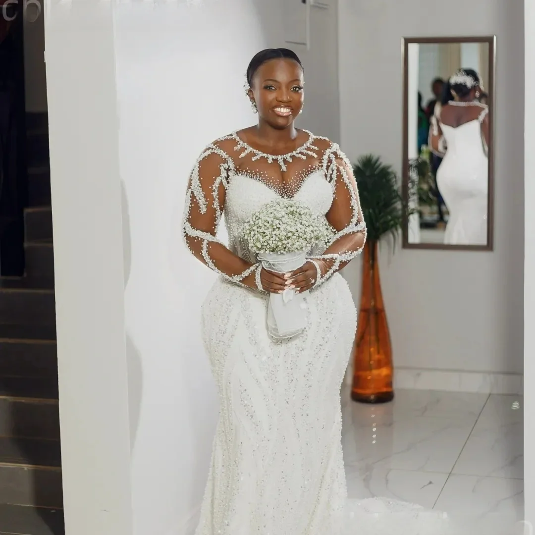Customized Sheer Neck Sparkly Heavy Beads Pearls  Mermaid Long Sleeves Wedding Dress Vestido De Casamento Plus Size Bridal Gown
