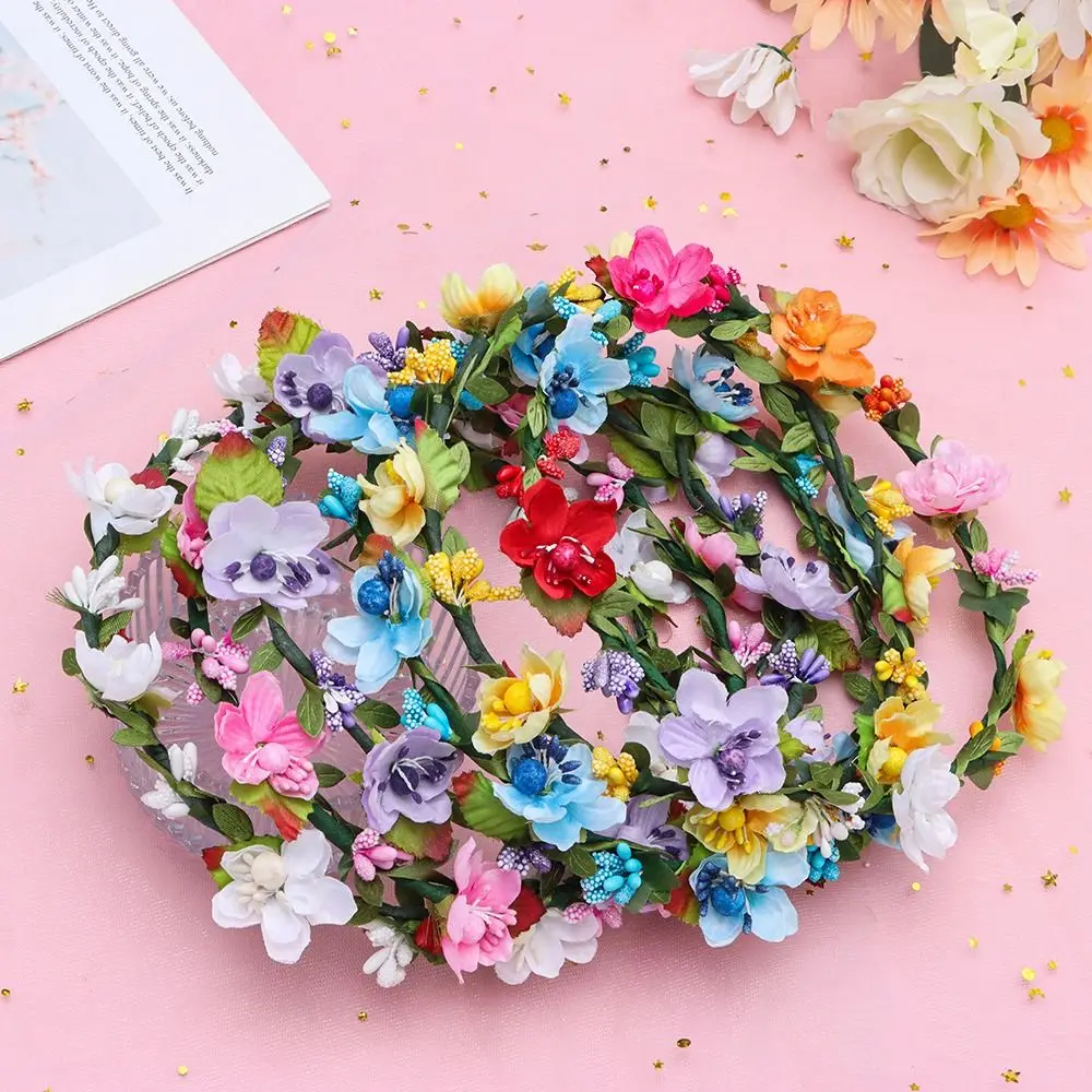 Fashion Flower Crown Spring Bohemia Flower Crown Women Headbands Adjustable Ribbon Girls Floral Wreath Bridal Halo Headpiece