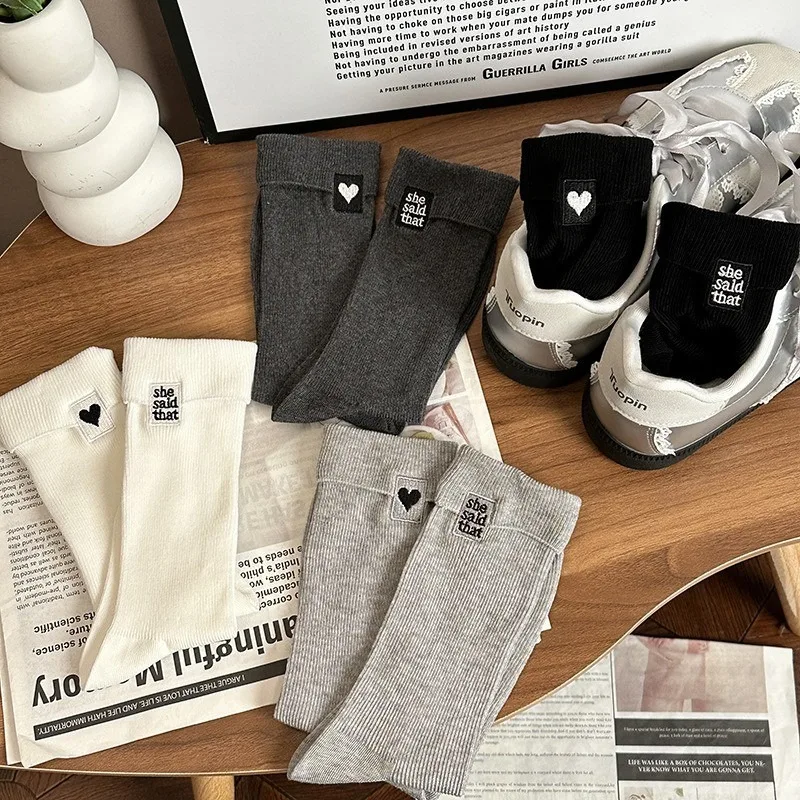 Pure Cotton Versatile Crew Socks Women Four Season Ins Trendy Korean Style AB Asymmetric Embroidered Heart Letters Sports Socks